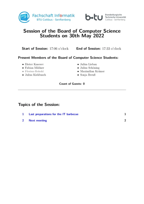 First Page of Session Minute from 30.05.2022