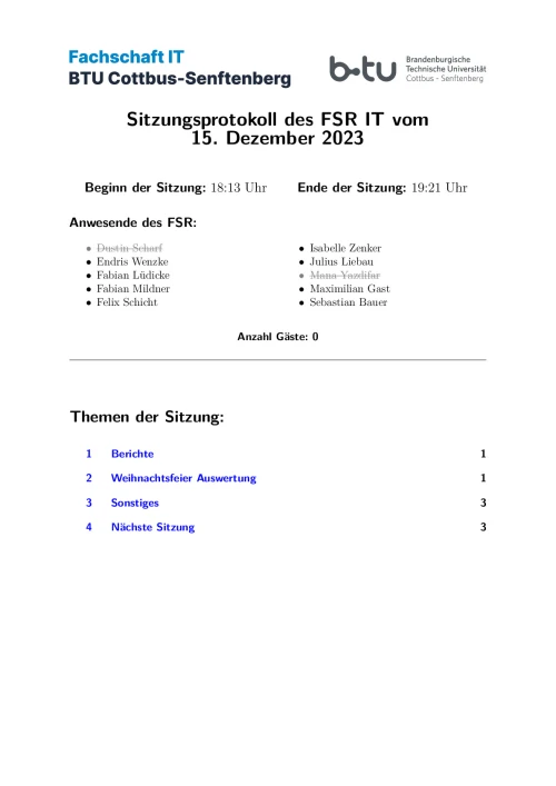 Erste Seite des Protokolls vom 15.12.2023
