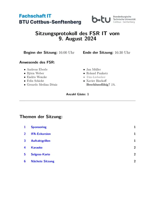 Erste Seite des Protokolls vom 09.08.2024