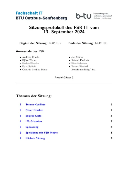 Erste Seite des Protokolls vom 13.09.2024