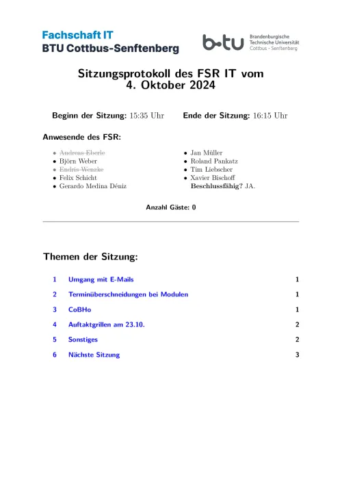 Erste Seite des Protokolls vom 04.10.2024