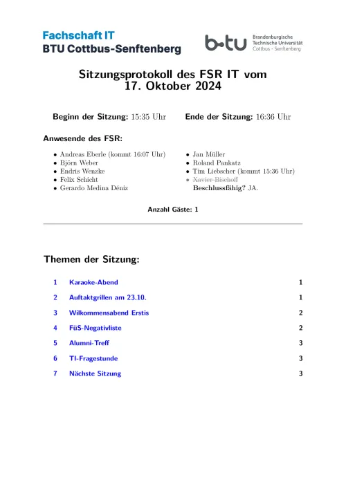 Erste Seite des Protokolls vom 17.10.2024