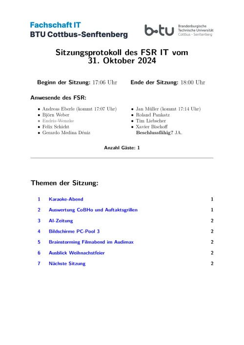 Erste Seite des Protokolls vom 31.10.2024