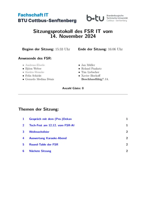 Erste Seite des Protokolls vom 14.11.2024